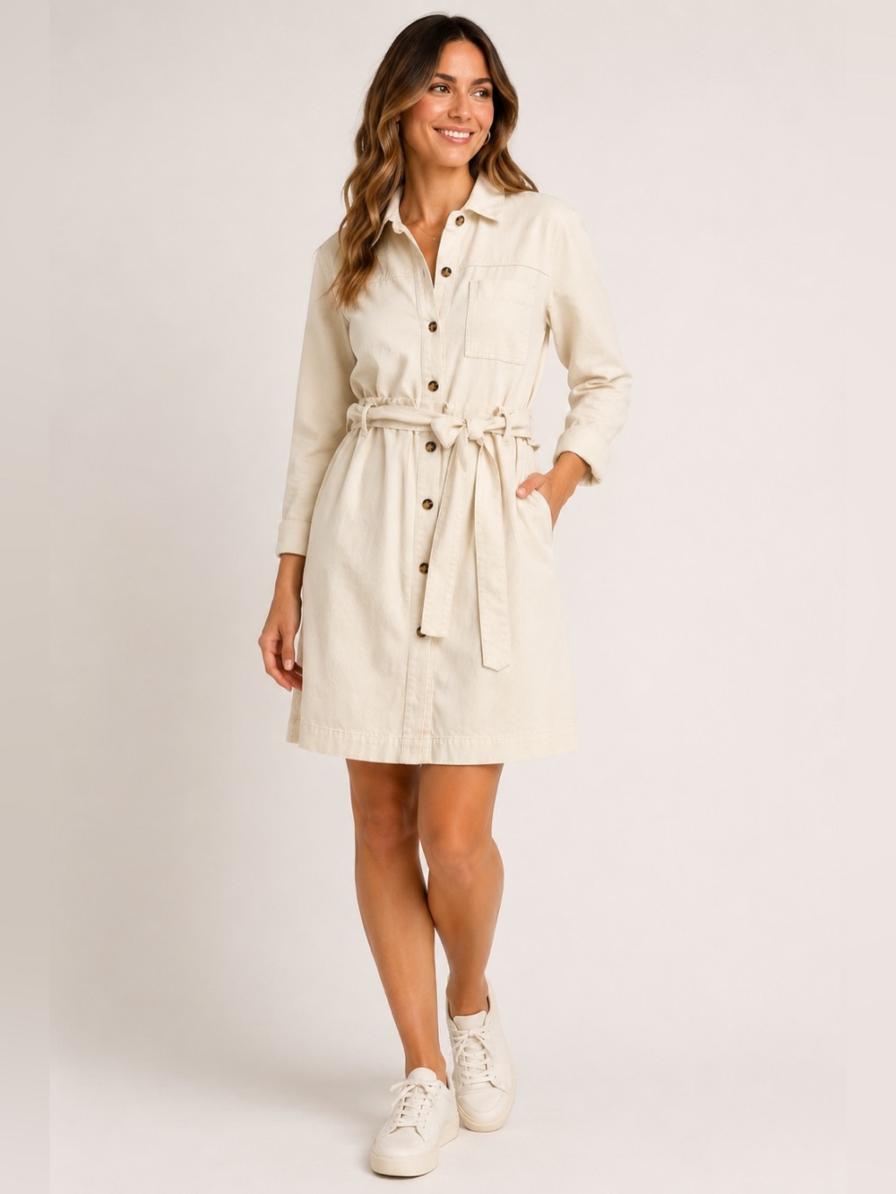 Who What Wear Belted Shirt Dress Medium Cream Ivory Cotton Button Front Utility